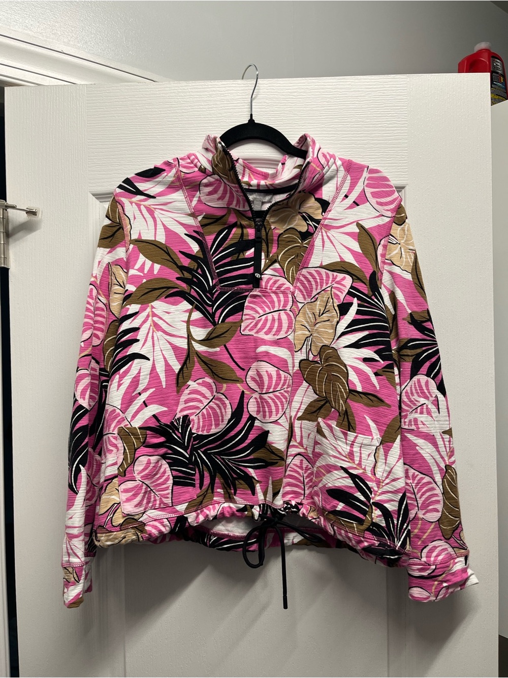 T by Talbots Pink Tropical Leaf Drawstring Pullover Jacket